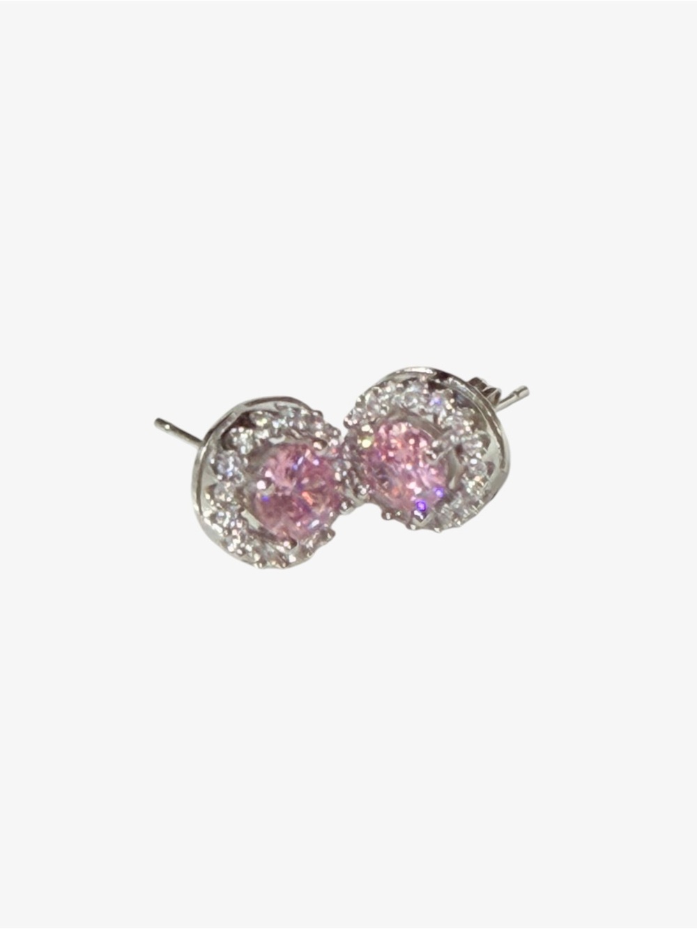 Sterling Silver Pink CZ Halo Stud Earrings with AAA clear CZ Pave - Picture 3 of 7